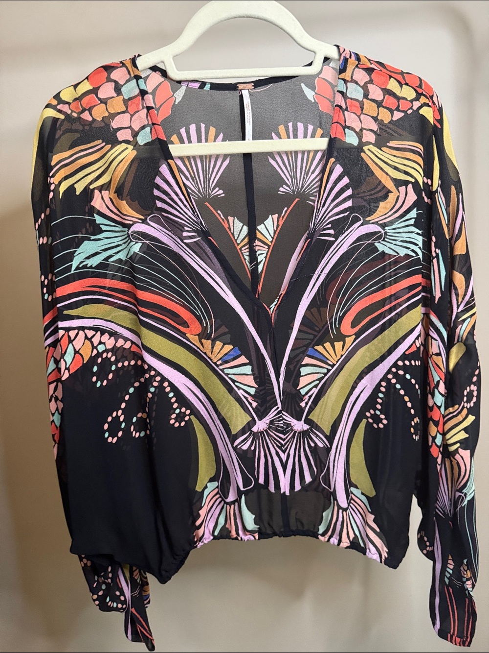 Free People Black Sheer V-Neck Tunic with Pastel Pink, Mint & Coral Print